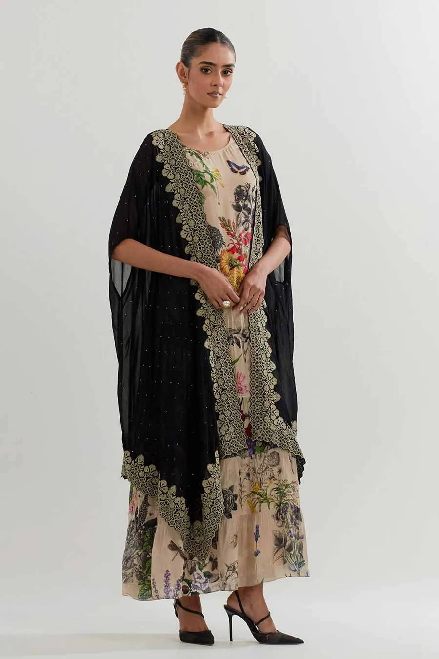 Embroidered Cape & Botanical Printed Dress Set