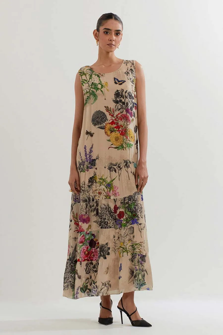 Embroidered Cape & Botanical Printed Dress Set