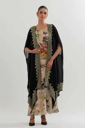 Embroidered Cape & Botanical Printed Dress Set