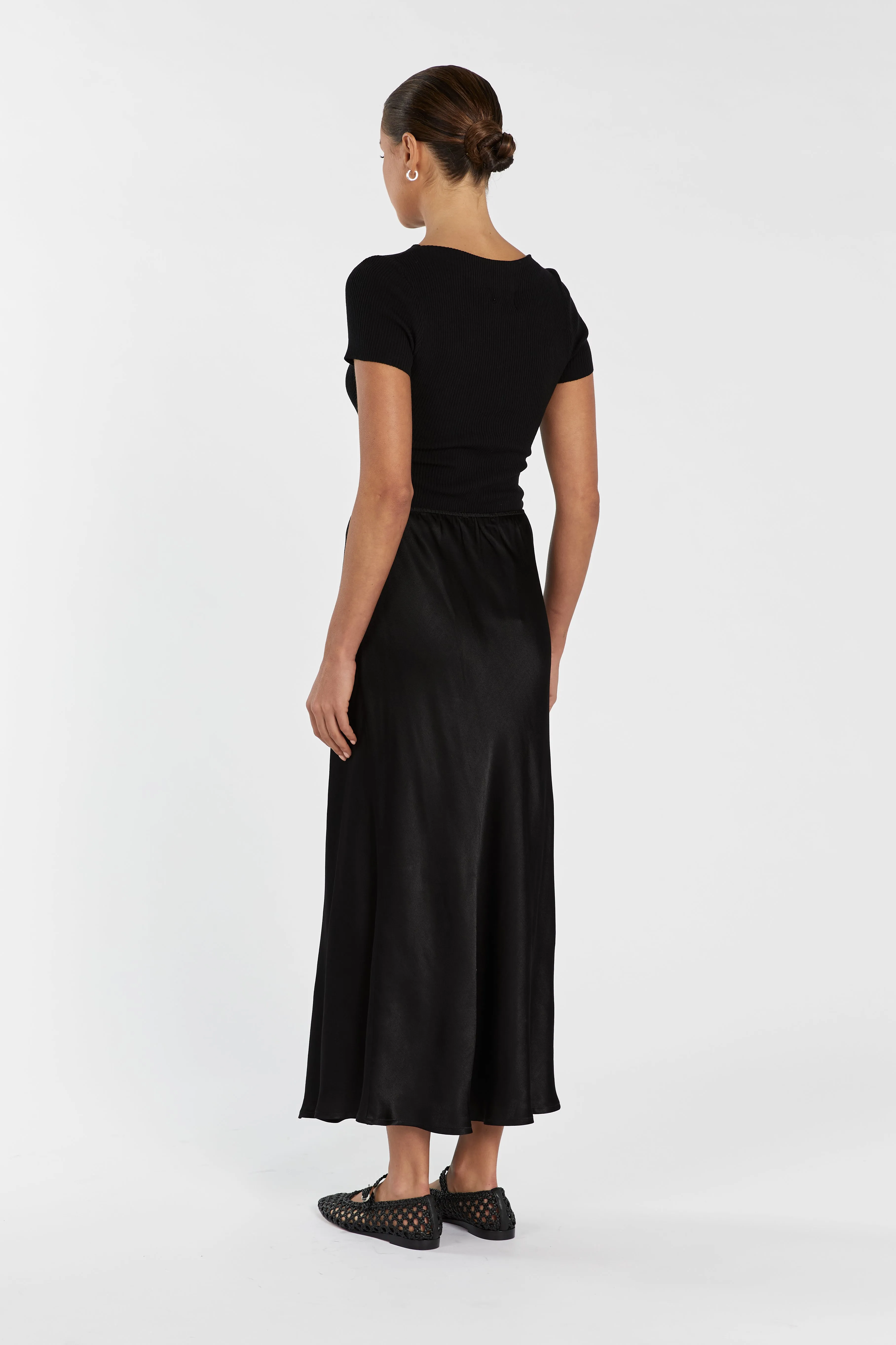 EMELIA BLACK SATIN MIDI SKIRT