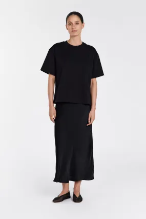 EMELIA BLACK SATIN MIDI SKIRT