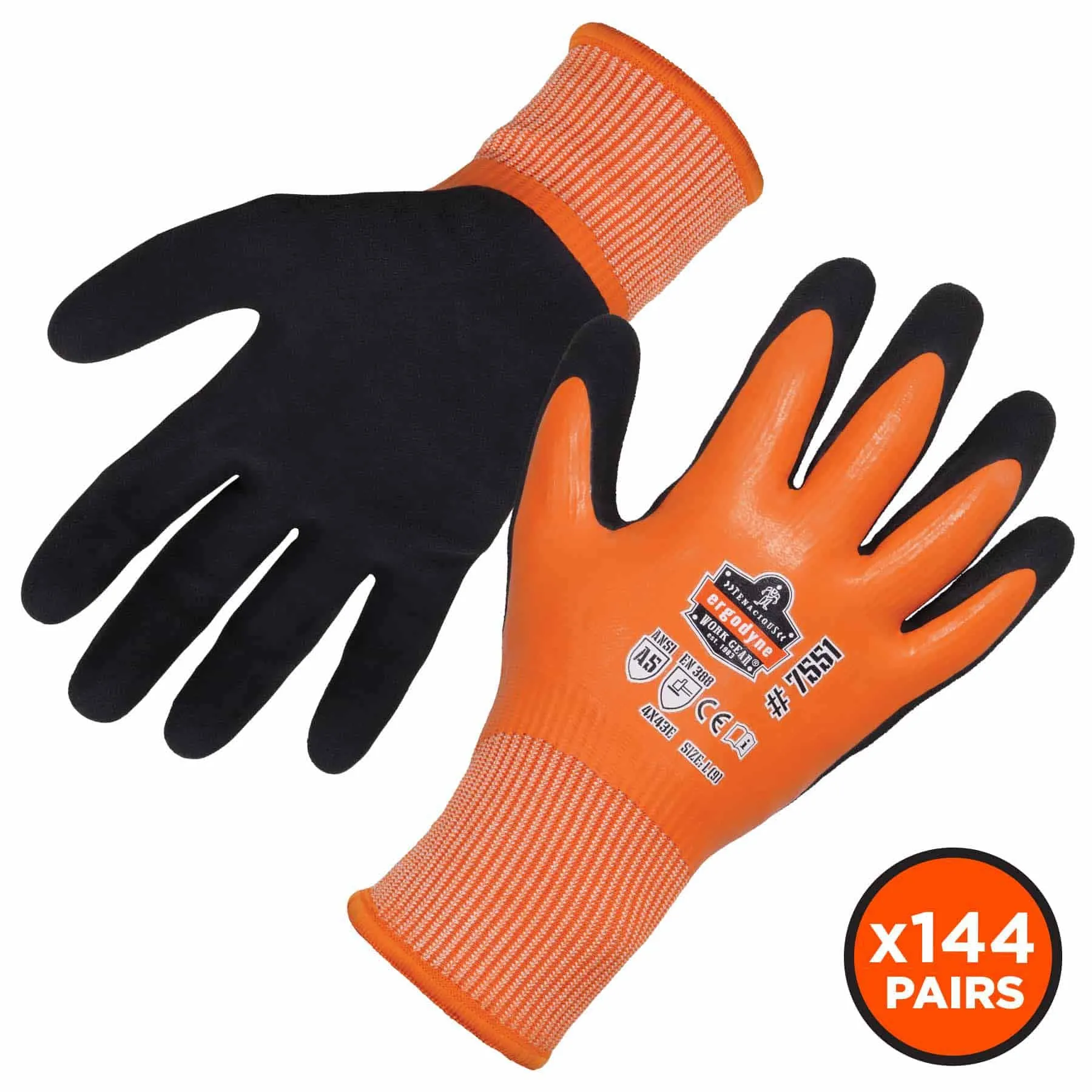 Ergodyne 17993 7551-CASE M Orange ANSI A5 Coated Waterproof CR Gloves 144-Pair