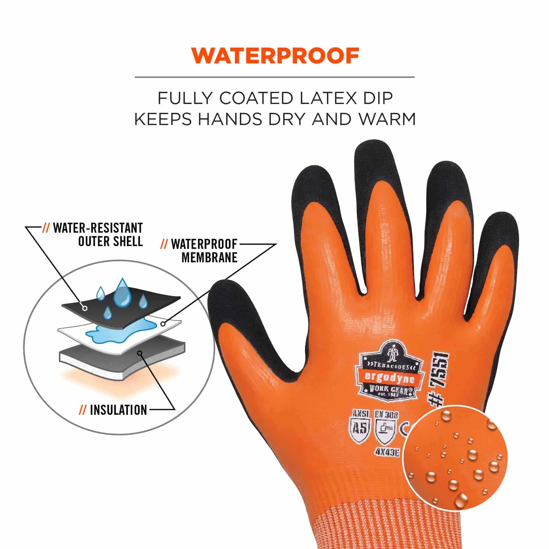 Ergodyne 17993 7551-CASE M Orange ANSI A5 Coated Waterproof CR Gloves 144-Pair