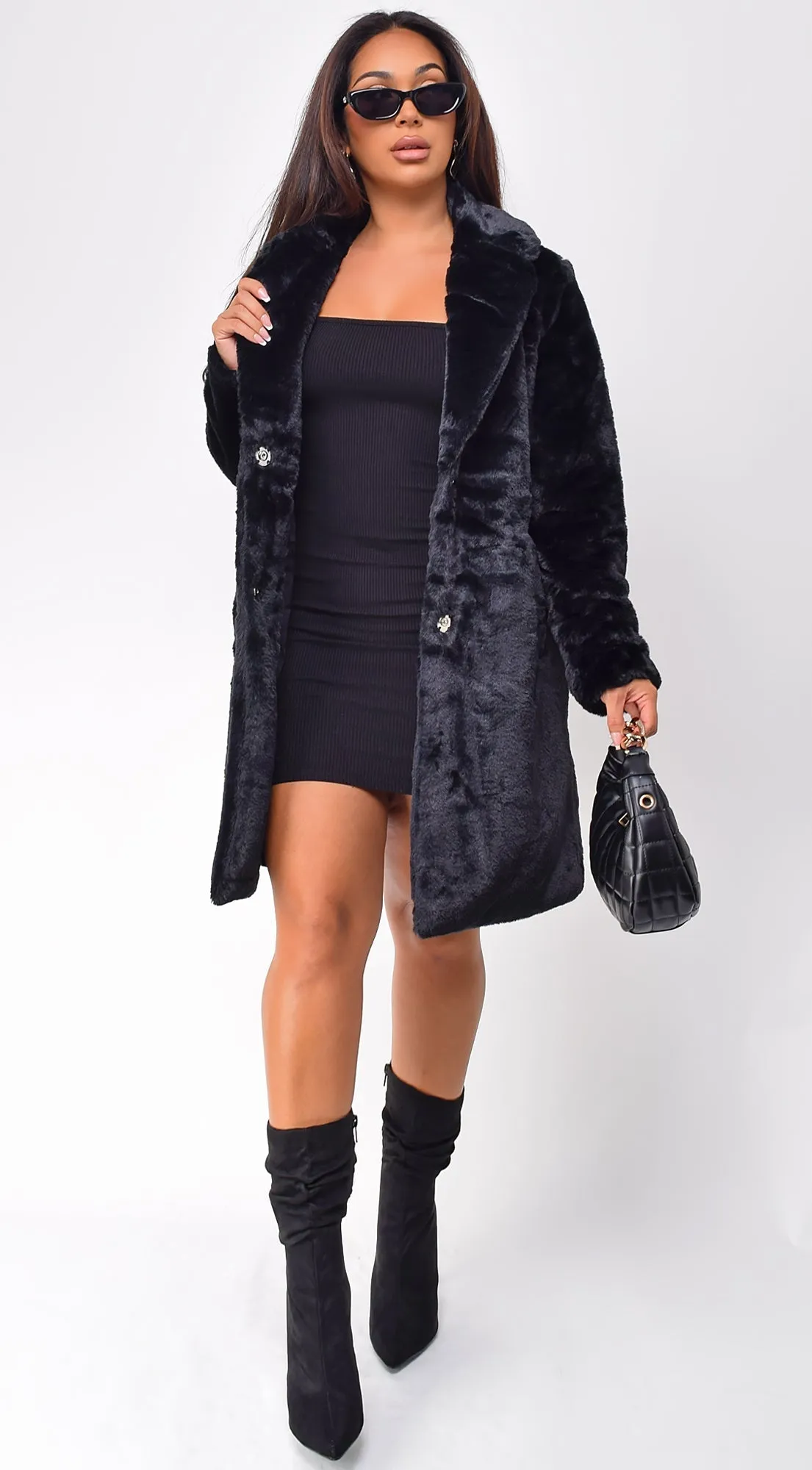 Estonia Faux Fur Button Up Coat - Black