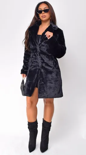 Estonia Faux Fur Button Up Coat - Black