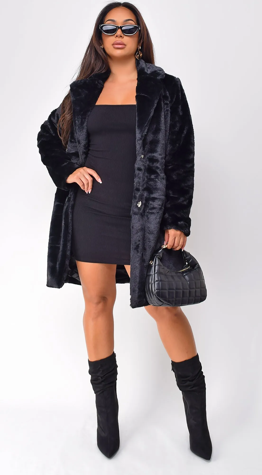 Estonia Faux Fur Button Up Coat - Black