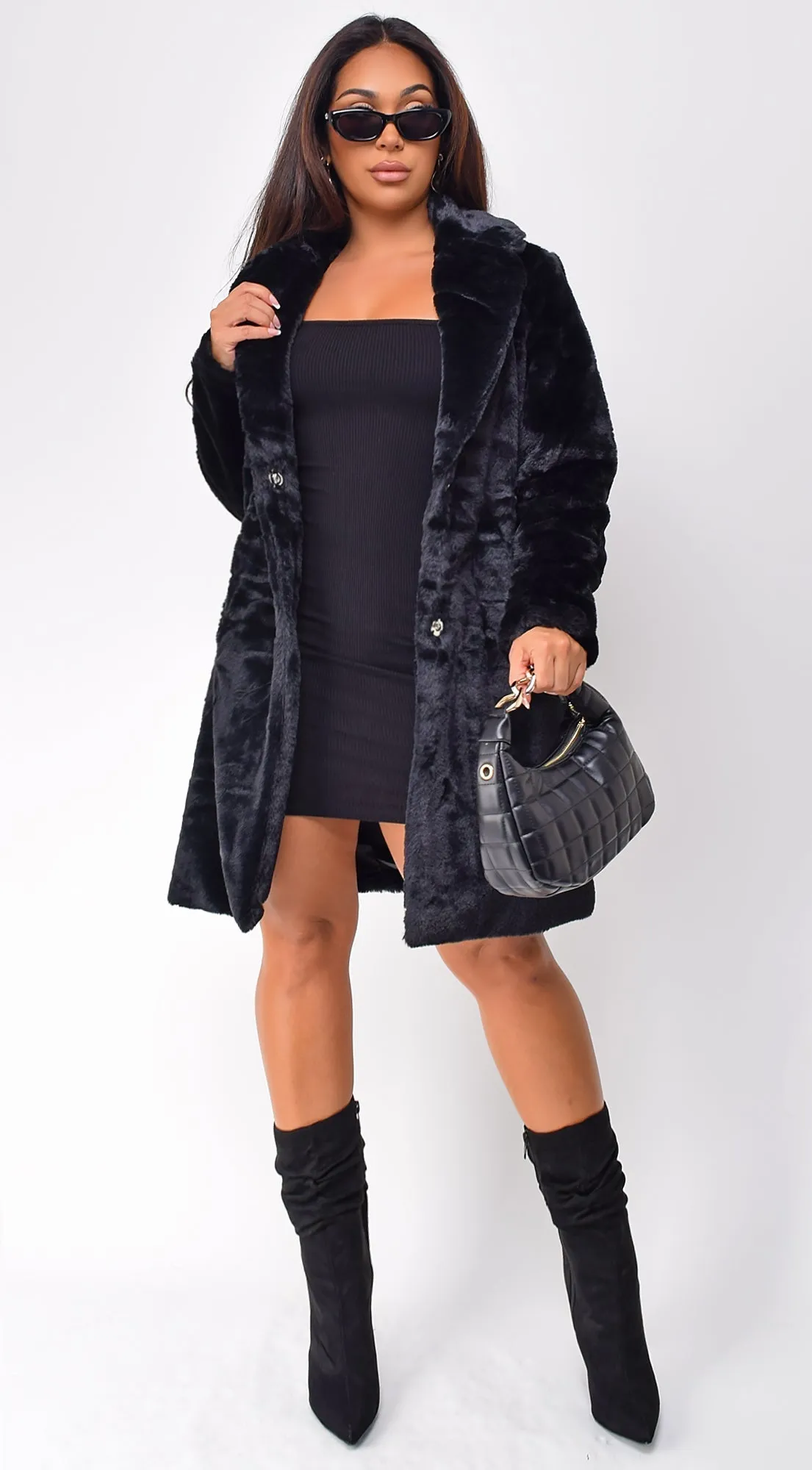 Estonia Faux Fur Button Up Coat - Black