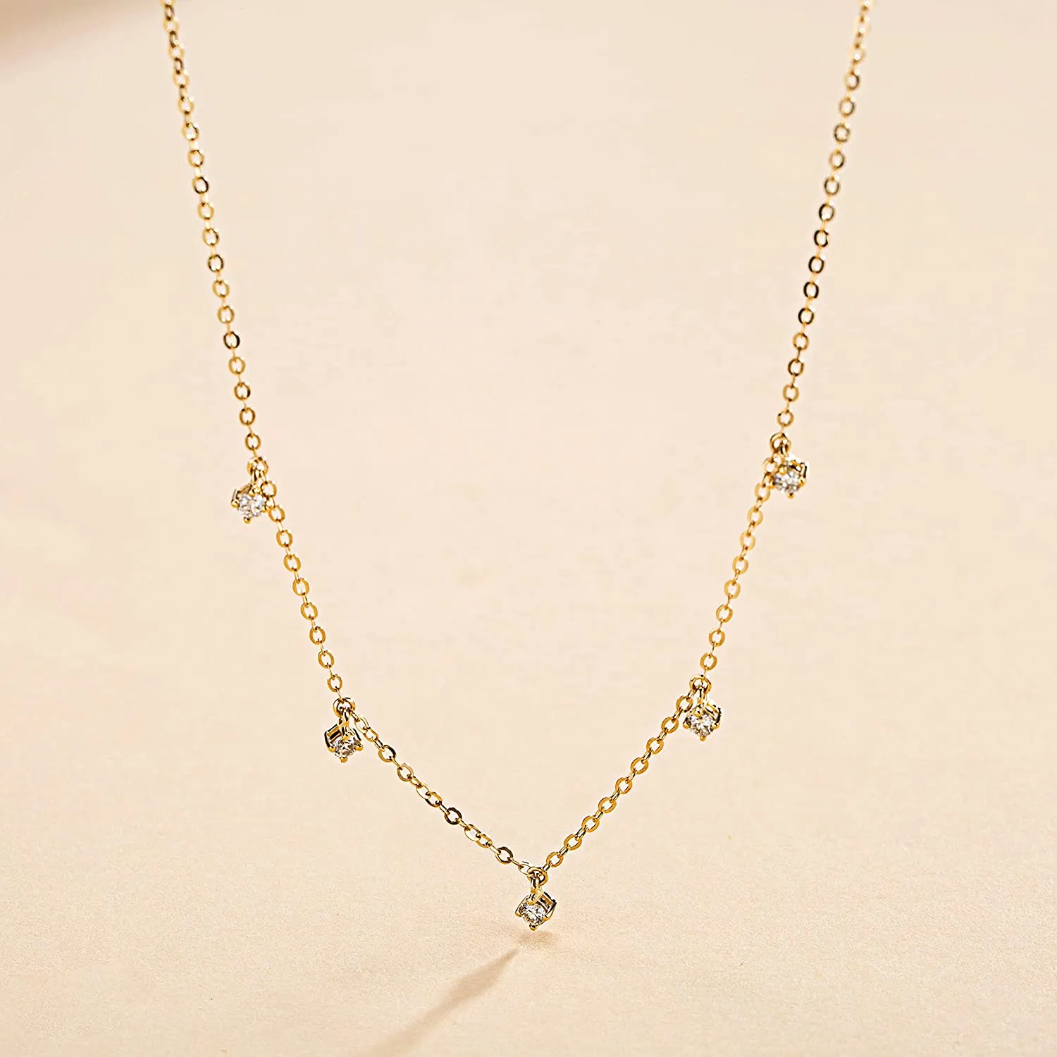 FANCIME “5 Stone” Minimalist Chain 14K Solid Gold Necklace