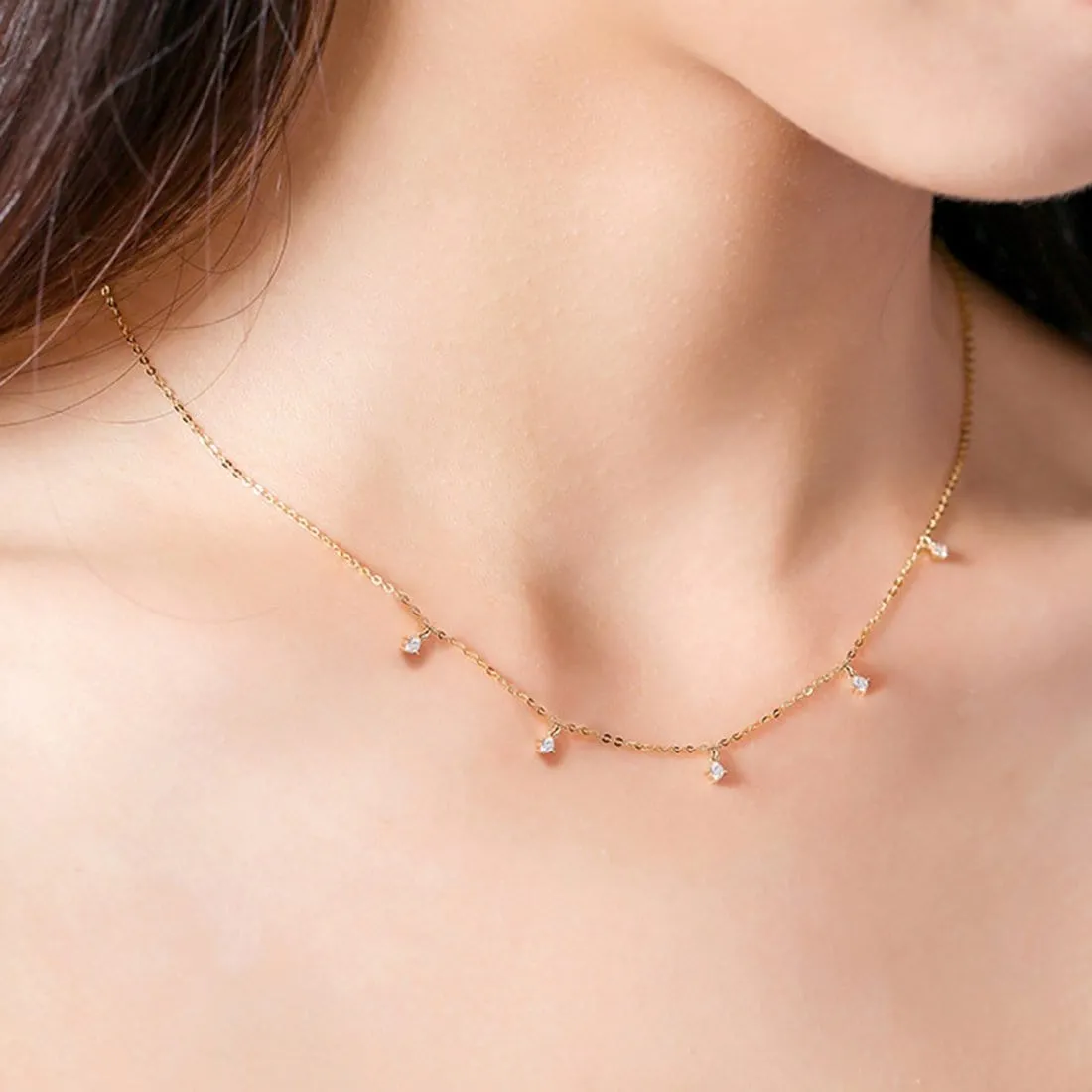 FANCIME “5 Stone” Minimalist Chain 14K Solid Gold Necklace