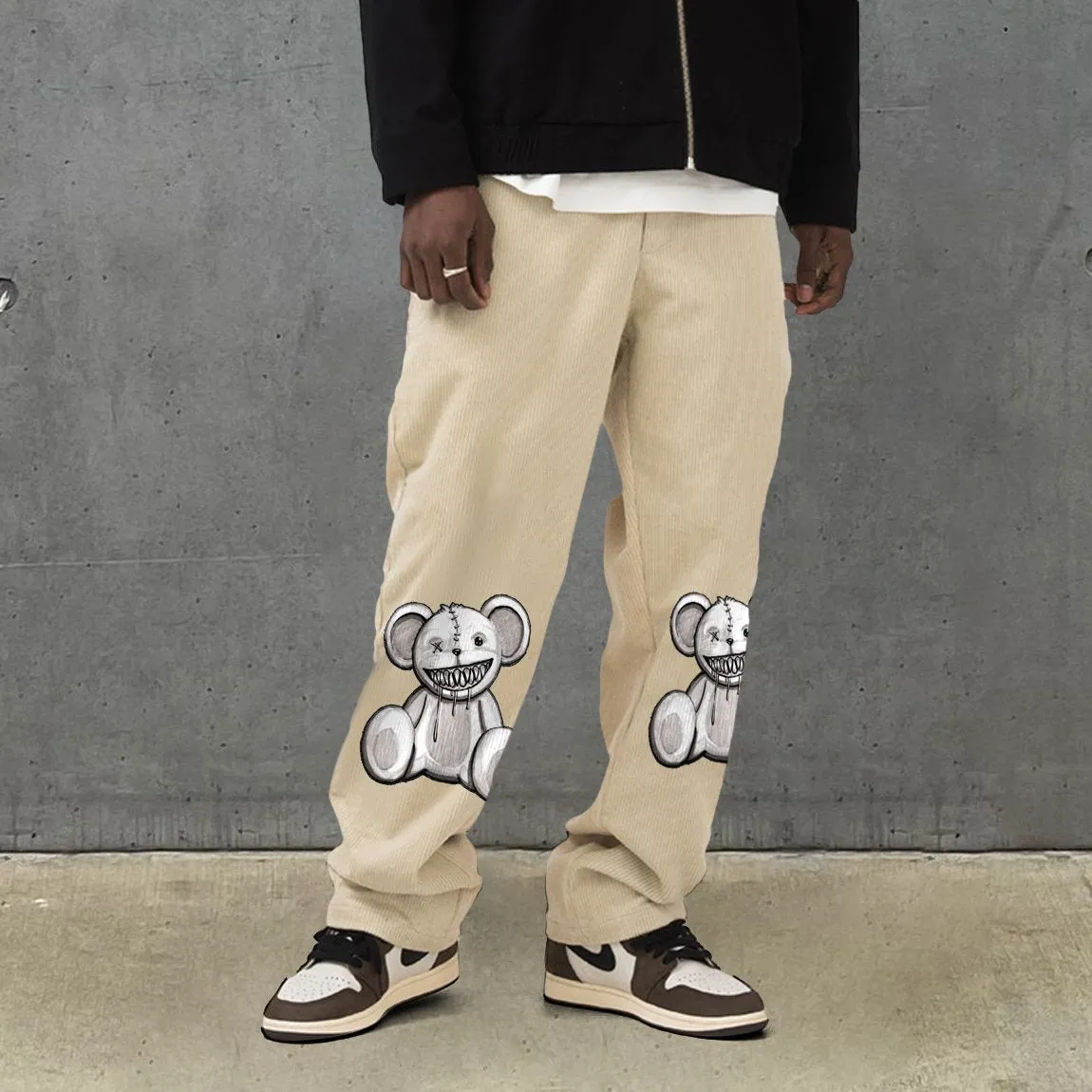 Fashion bear print corduroy street trousers