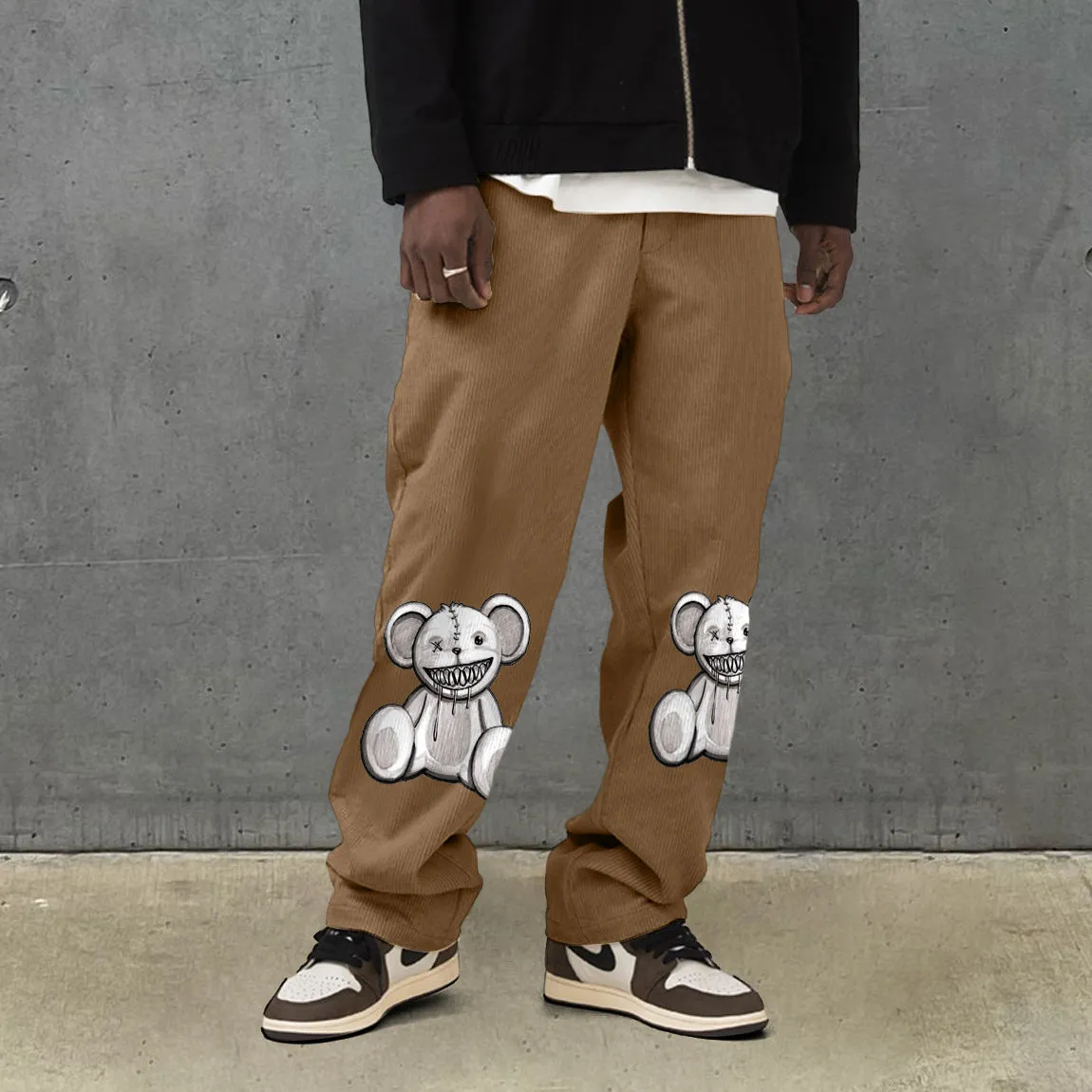 Fashion bear print corduroy street trousers