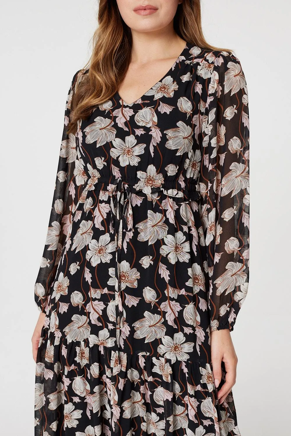 Floral Drawstring Waist Midi Dress