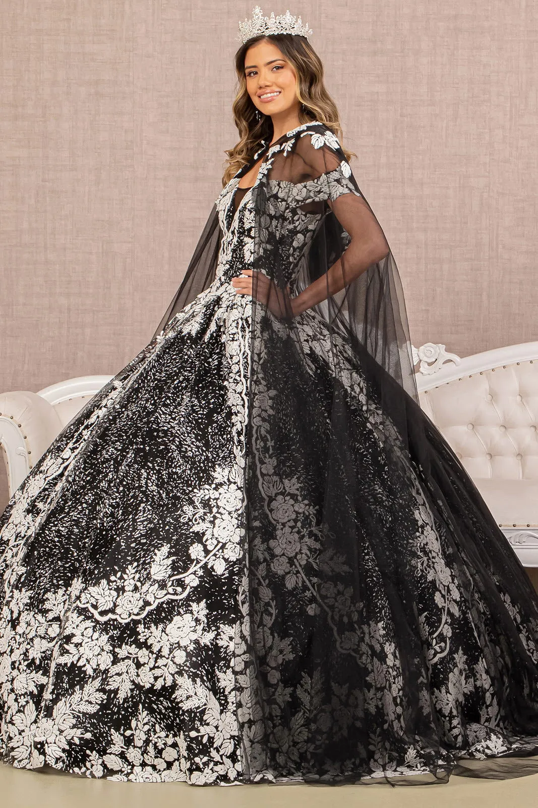 Floral Pattern Glitter Quinceanera Gown Long Mesh Cape GLGL3168