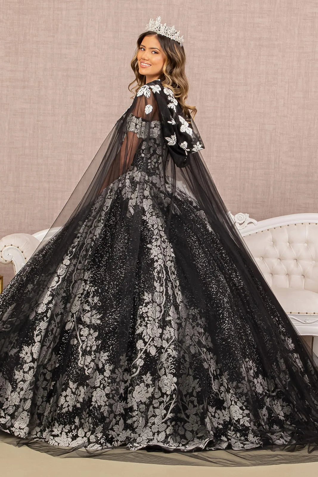 Floral Pattern Glitter Quinceanera Gown Long Mesh Cape GLGL3168