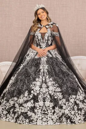 Floral Pattern Glitter Quinceanera Gown Long Mesh Cape GLGL3168