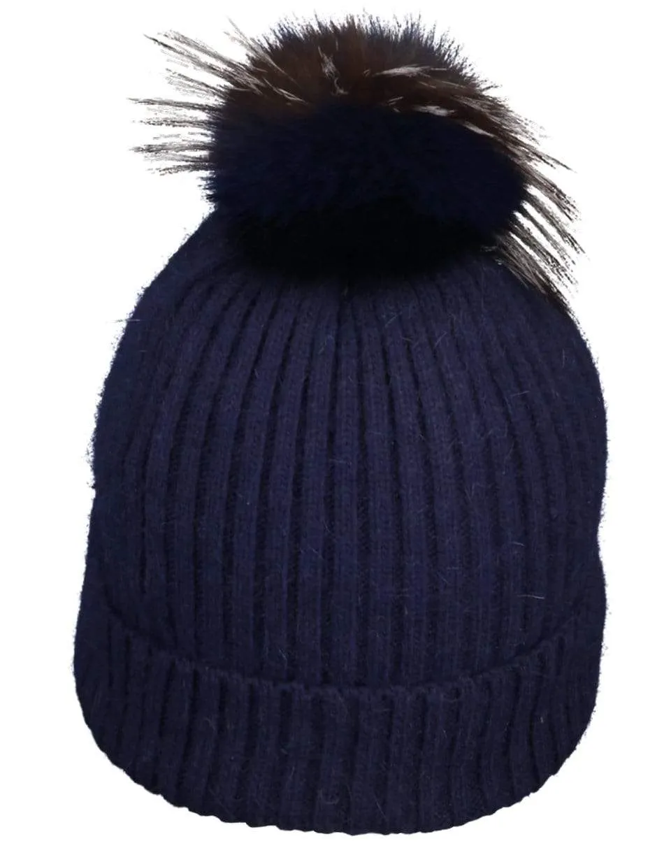 Fox Pompom Knit Hat - Bleu Marine