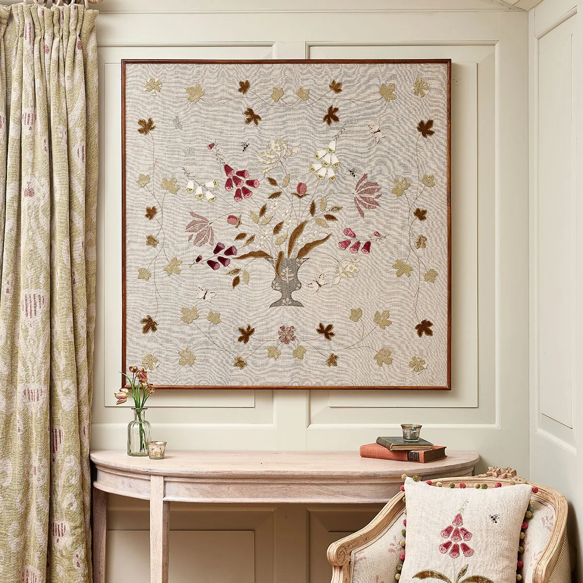 Framed Embroidered Wallhanging - Foxglove &amp; Tulips