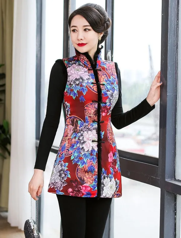 Fur Edge Floral Brocade Traditional Wadded Chinese Waistcoat Vest