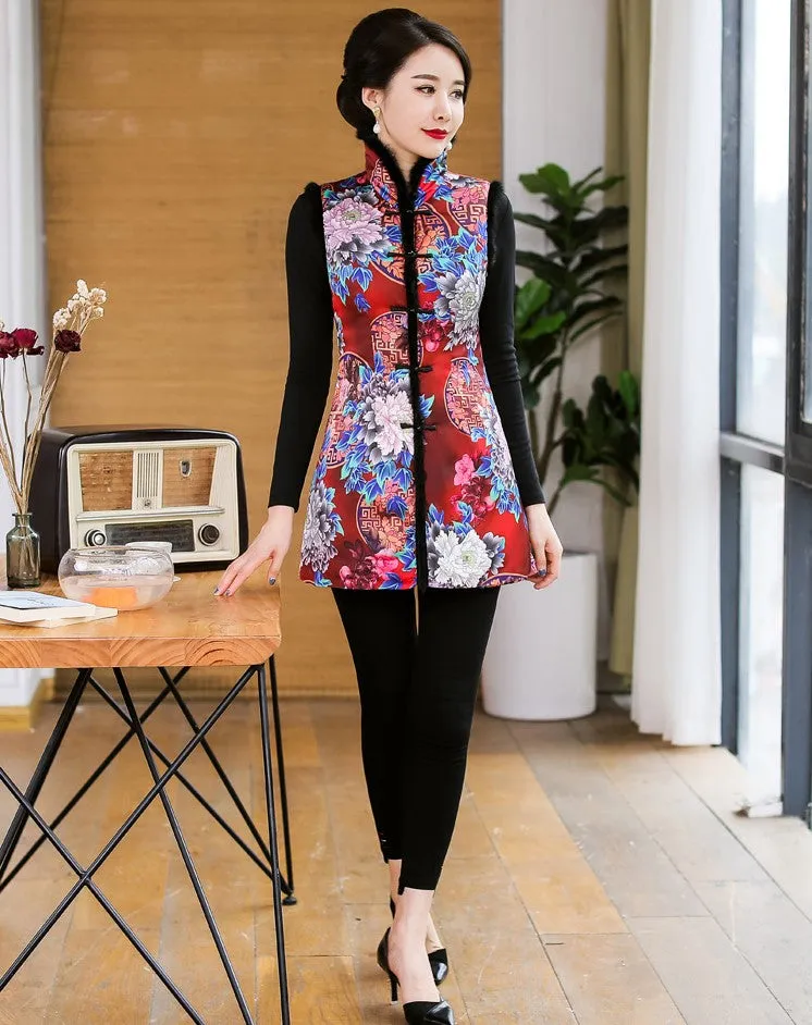 Fur Edge Floral Brocade Traditional Wadded Chinese Waistcoat Vest