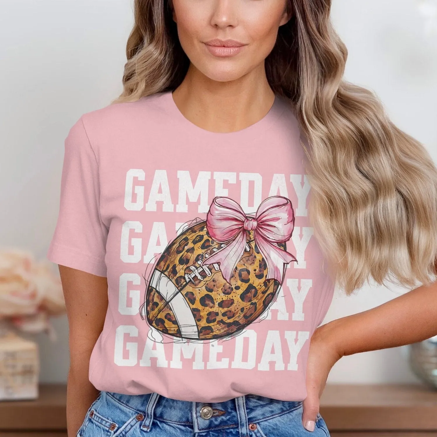 Gameday Football T-Shirt for Moms, Cute Leopard Print with Bow, Perfect for Game Day Fun