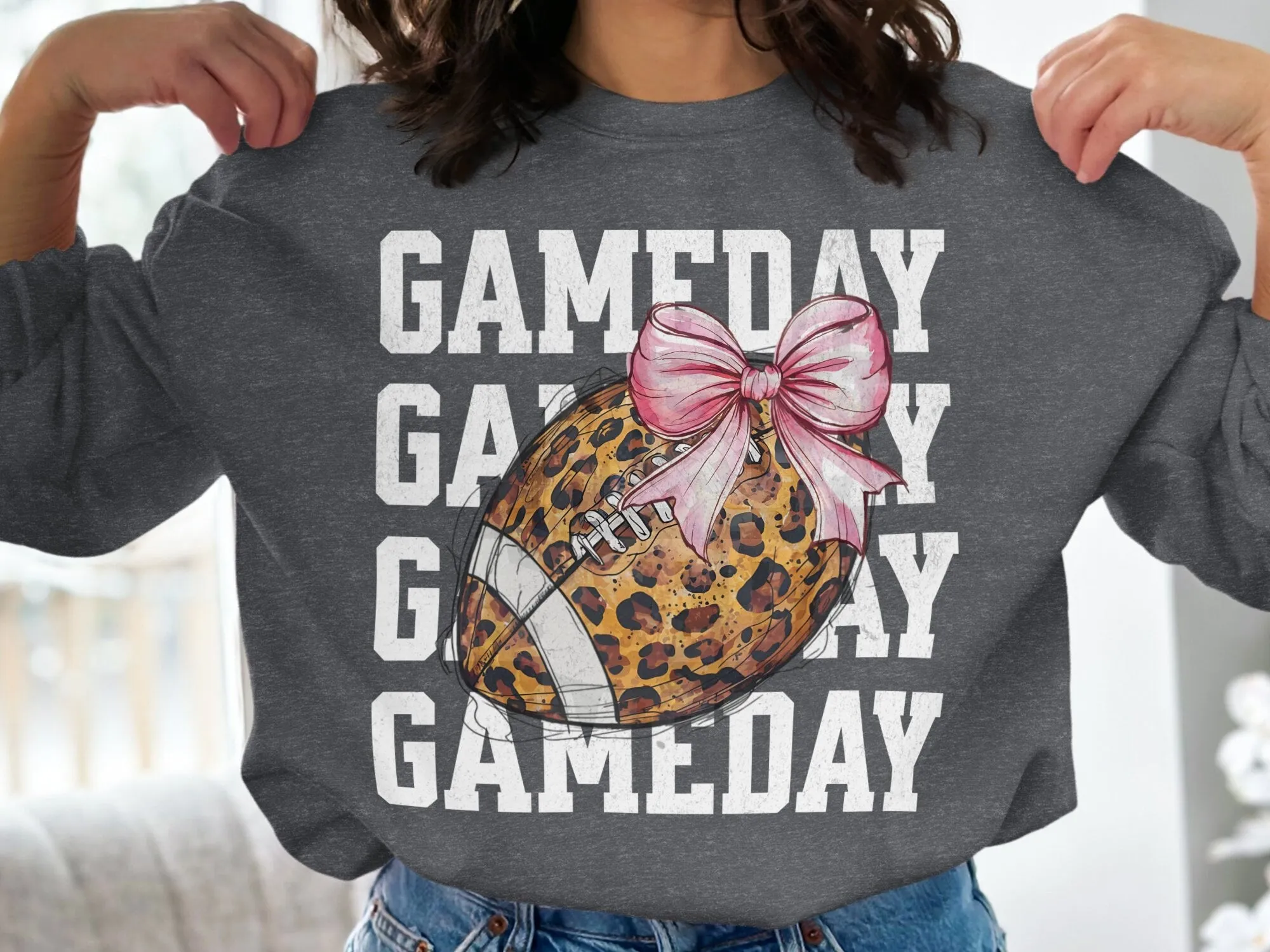 Gameday Football T-Shirt for Moms, Cute Leopard Print with Bow, Perfect for Game Day Fun