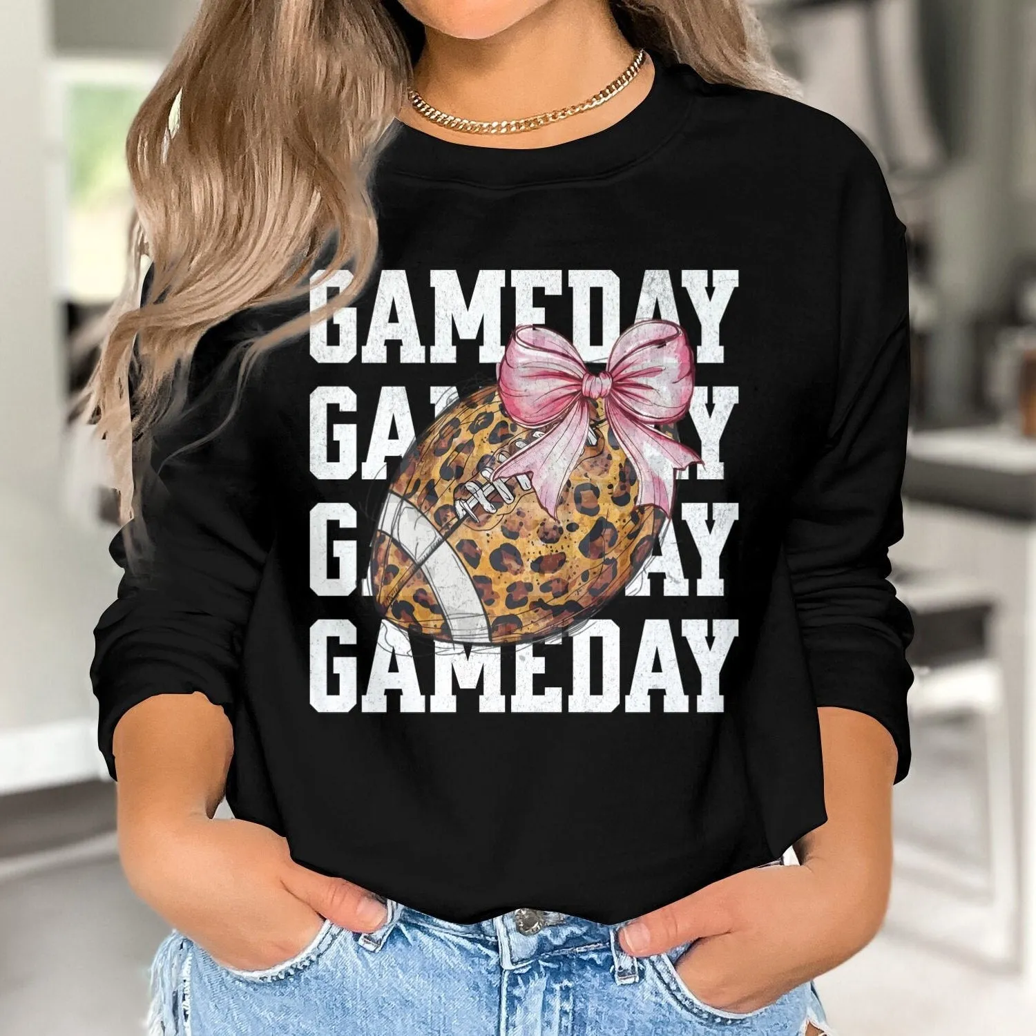 Gameday Football T-Shirt for Moms, Cute Leopard Print with Bow, Perfect for Game Day Fun