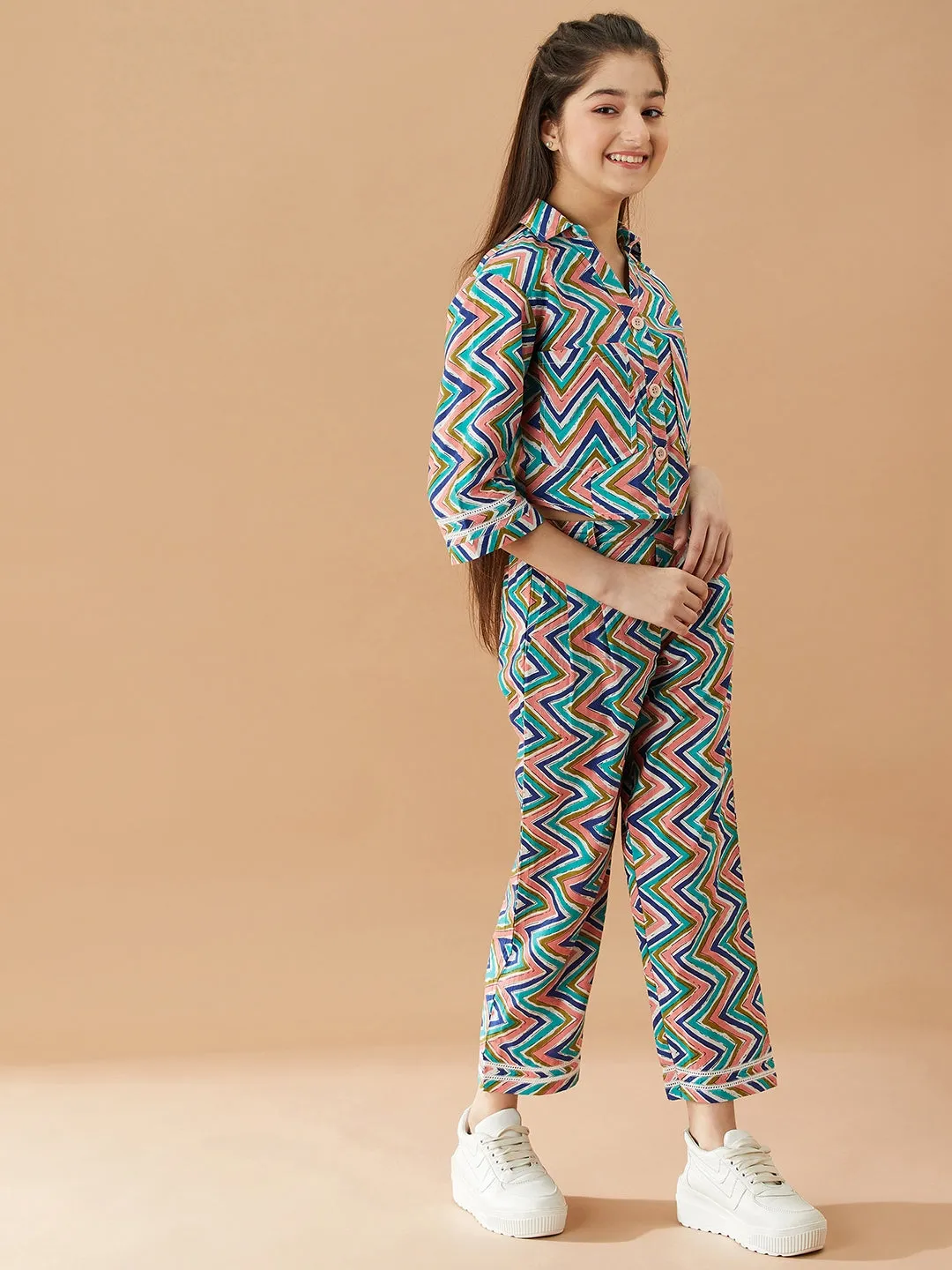 Girls Printed Pure Cotton Shirt With Trousers - Ps Peaches