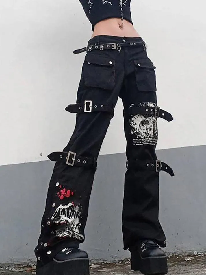 Goth metal buckle pocket cargo pants