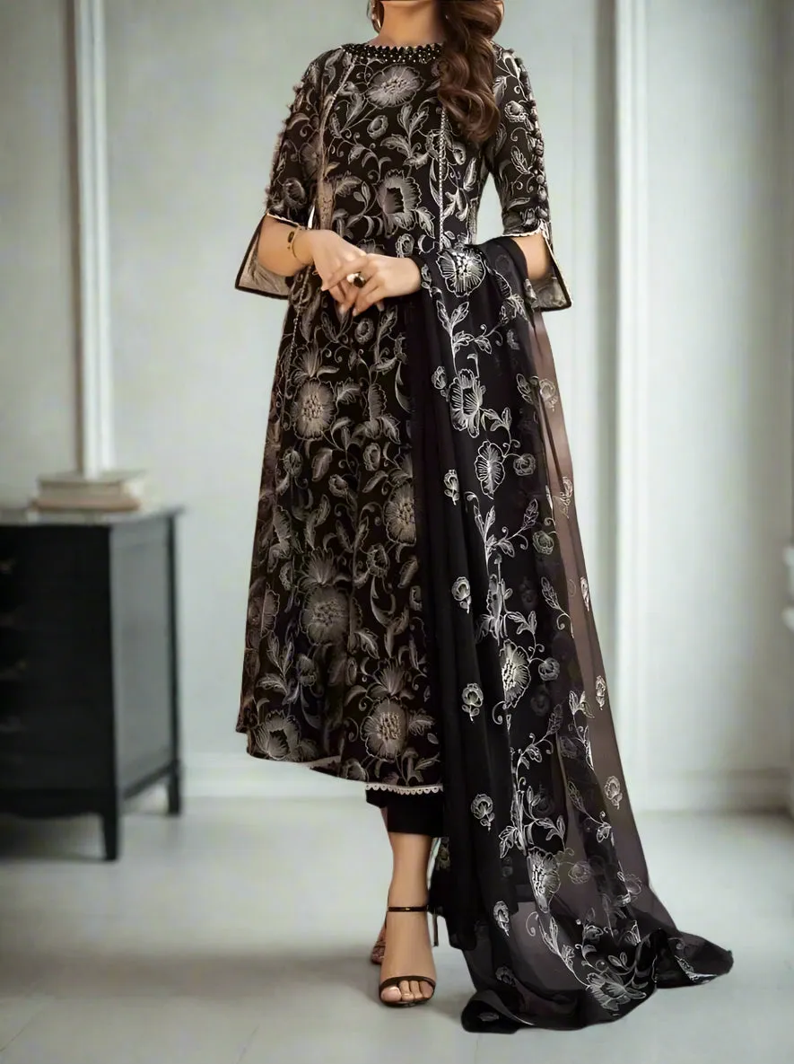 Grace A6 Black-Embroided 3pc linen dress with embroidered chiffon dupatta.