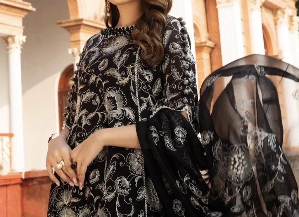 Grace A6 Black-Embroided 3pc linen dress with embroidered chiffon dupatta.