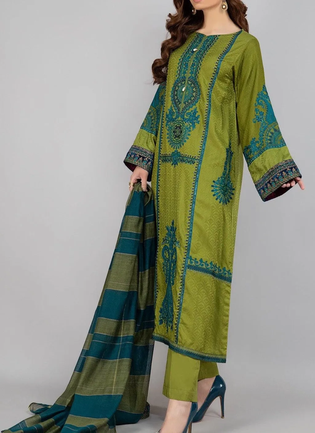 Grace S216 - Embroidered 3pc linen dress with embroidered chiffon dupatta.