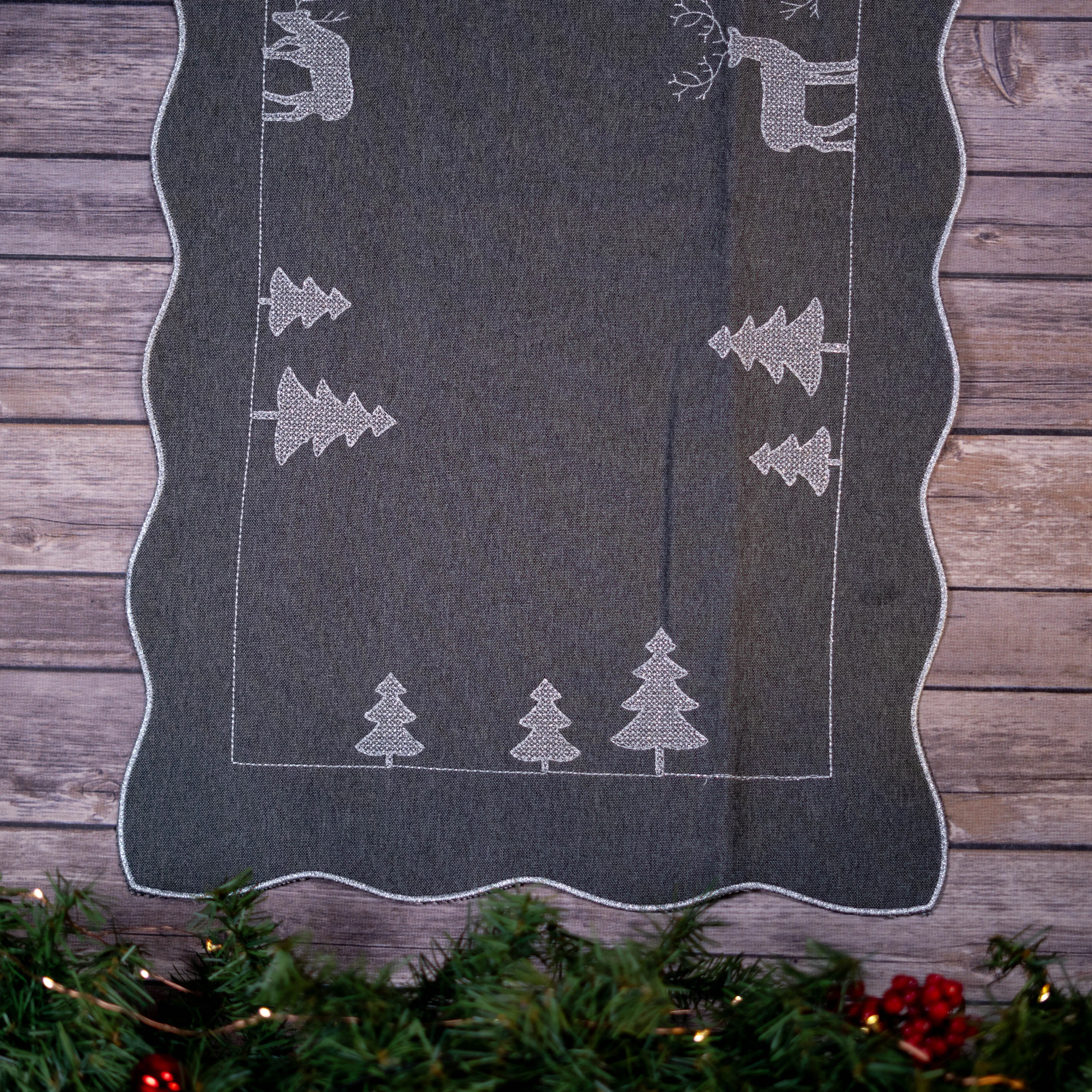 Gray Table Runner with Silver Winter Scene