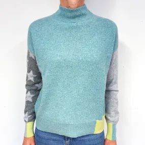 Green Grey Colour Block Cashmere Turtle Neck Jumper Medium