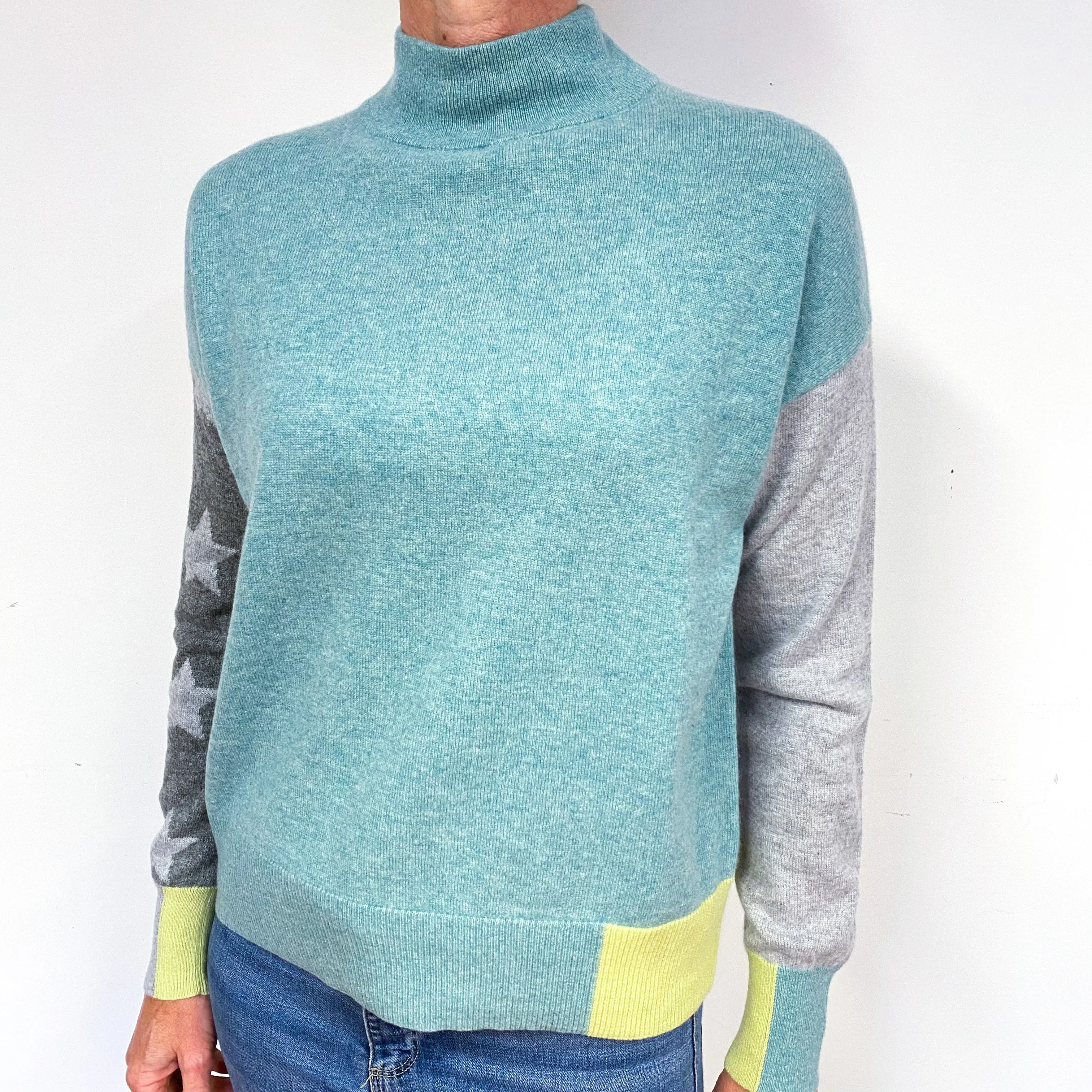 Green Grey Colour Block Cashmere Turtle Neck Jumper Medium