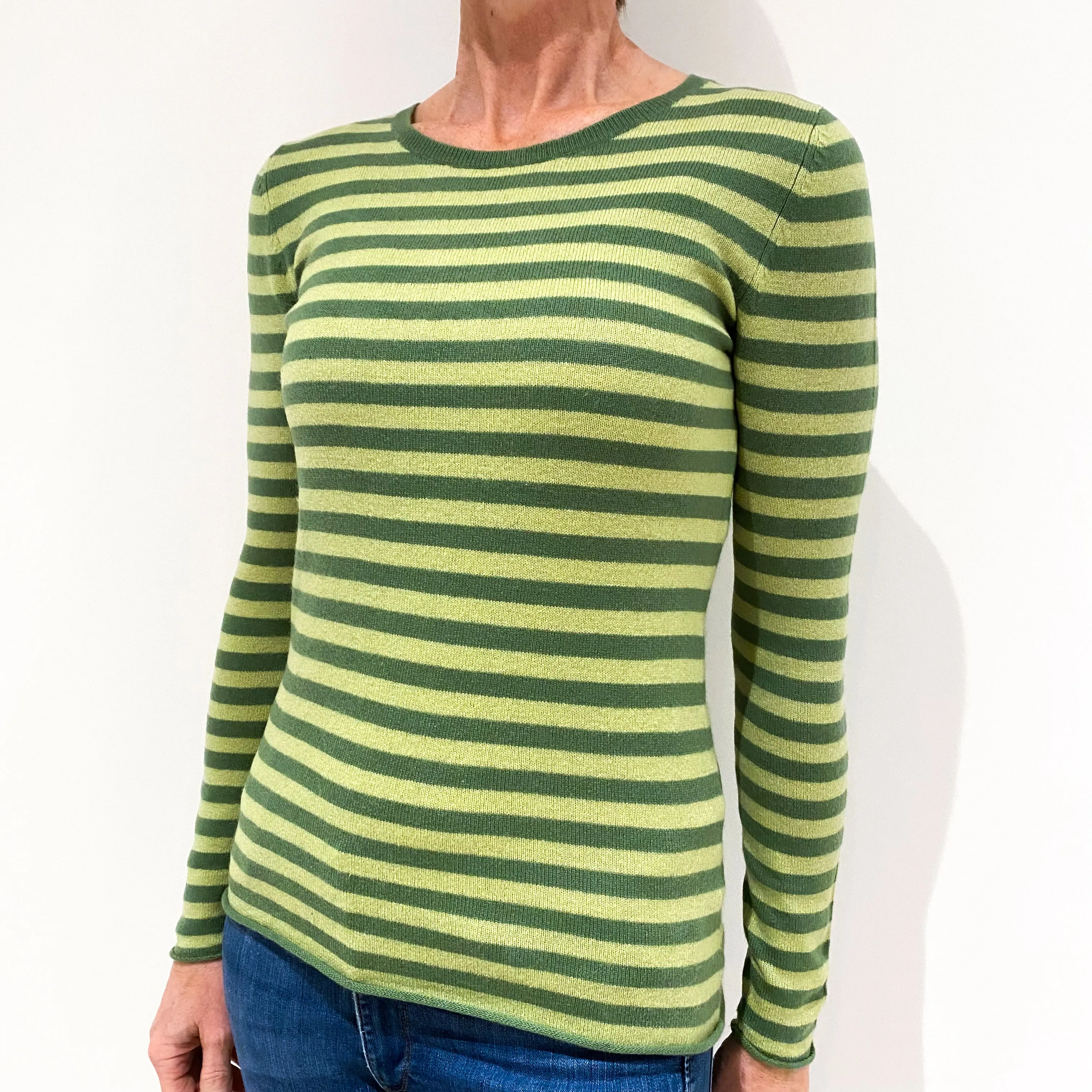 Green Striped Cashmere Crew Neck Jumper Small