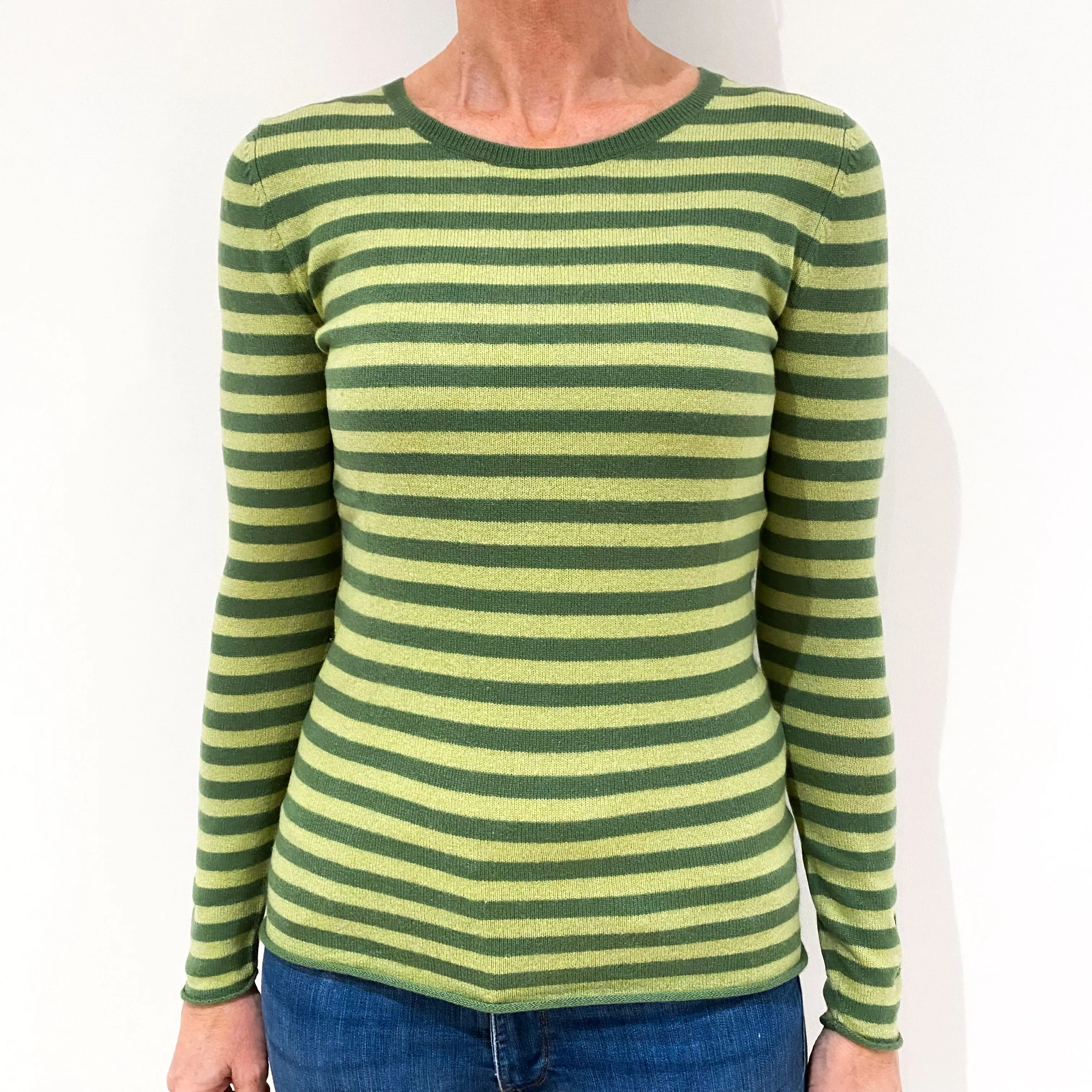 Green Striped Cashmere Crew Neck Jumper Small