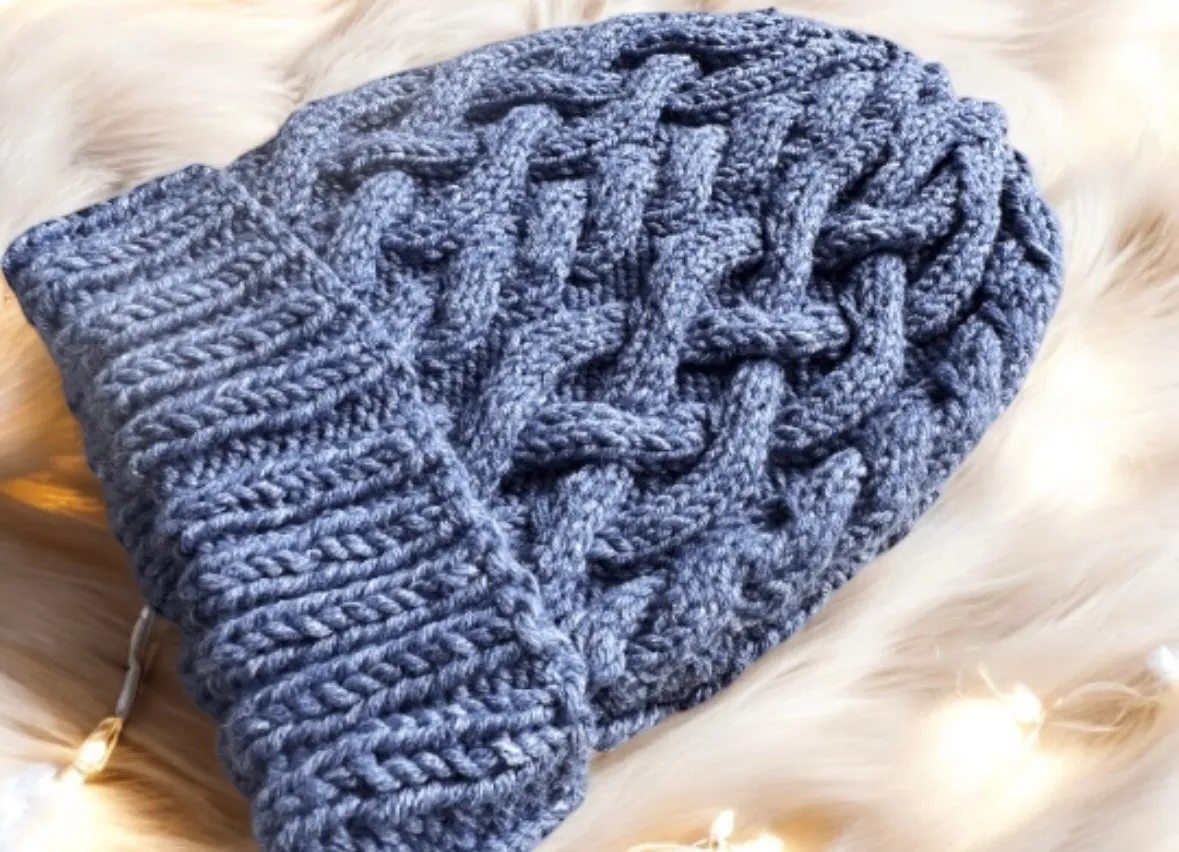 Handknit Light Blue Cable Knitted Beanie with Denim Effect | blue knit hat | adult women or men unisex beanie | Winter knit slouchy hat