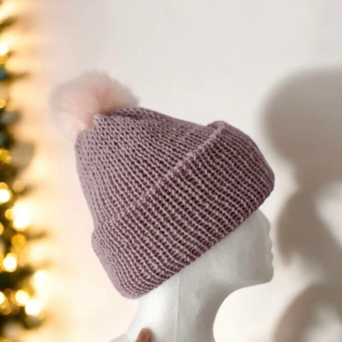 Handmade Double layered Knit beanie with faux fur pompom | Fur Pom Pom hat | Winter Knit Hat | Australian wool dusty light purple hat