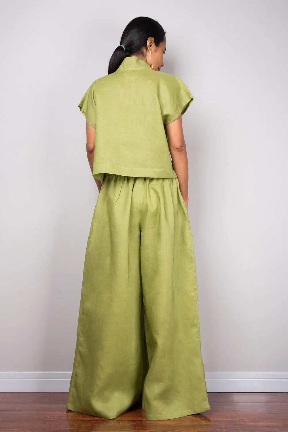 Handmade green linen long wide leg palazzo pants. Olive green high waist women's summer pants