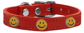 Happy Face Widget Genuine Leather Dog Collar Red 18