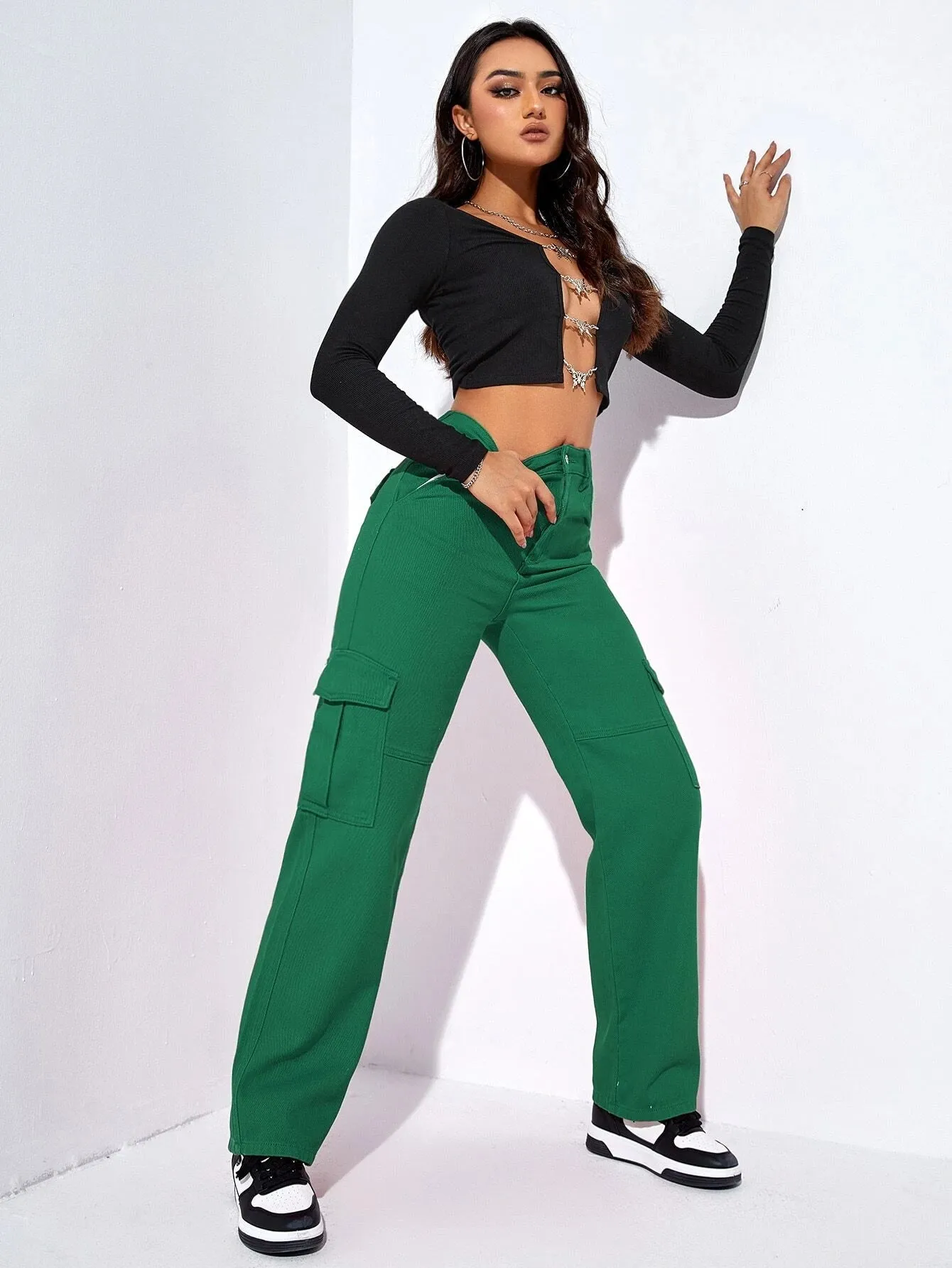 High Waist Cargo Pocket Jeans