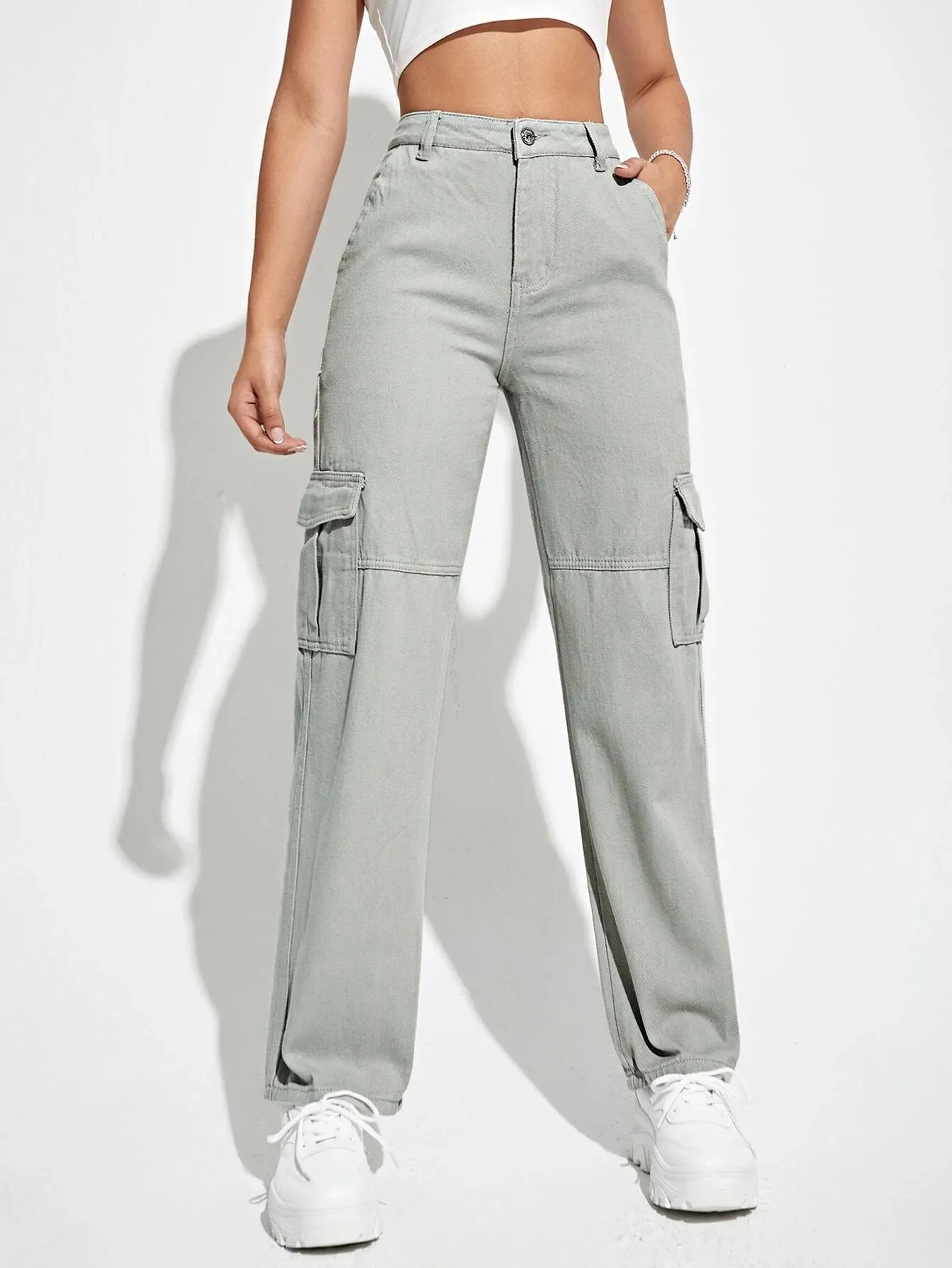 High Waist Cargo Pocket Jeans