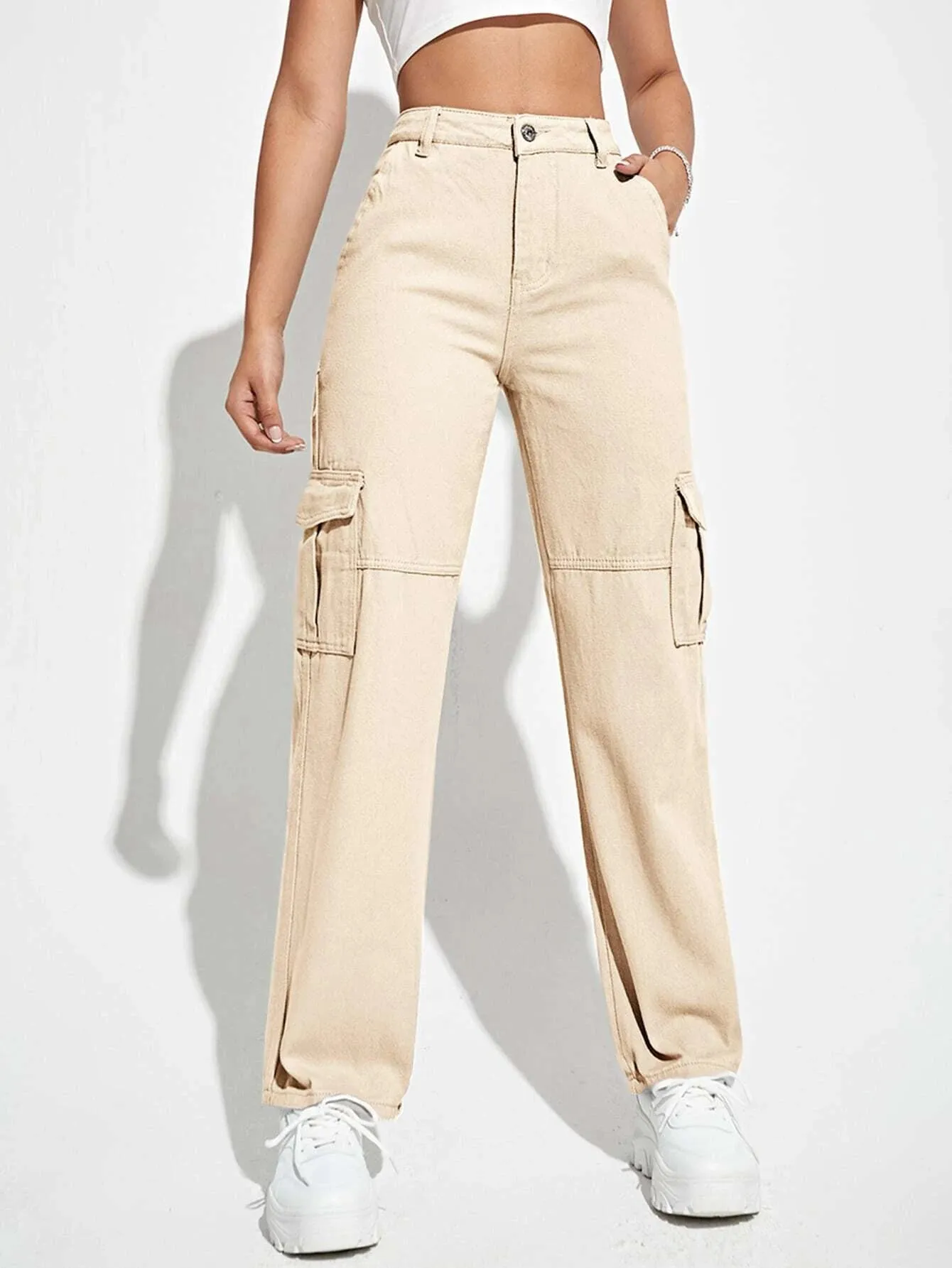 High Waist Cargo Pocket Jeans