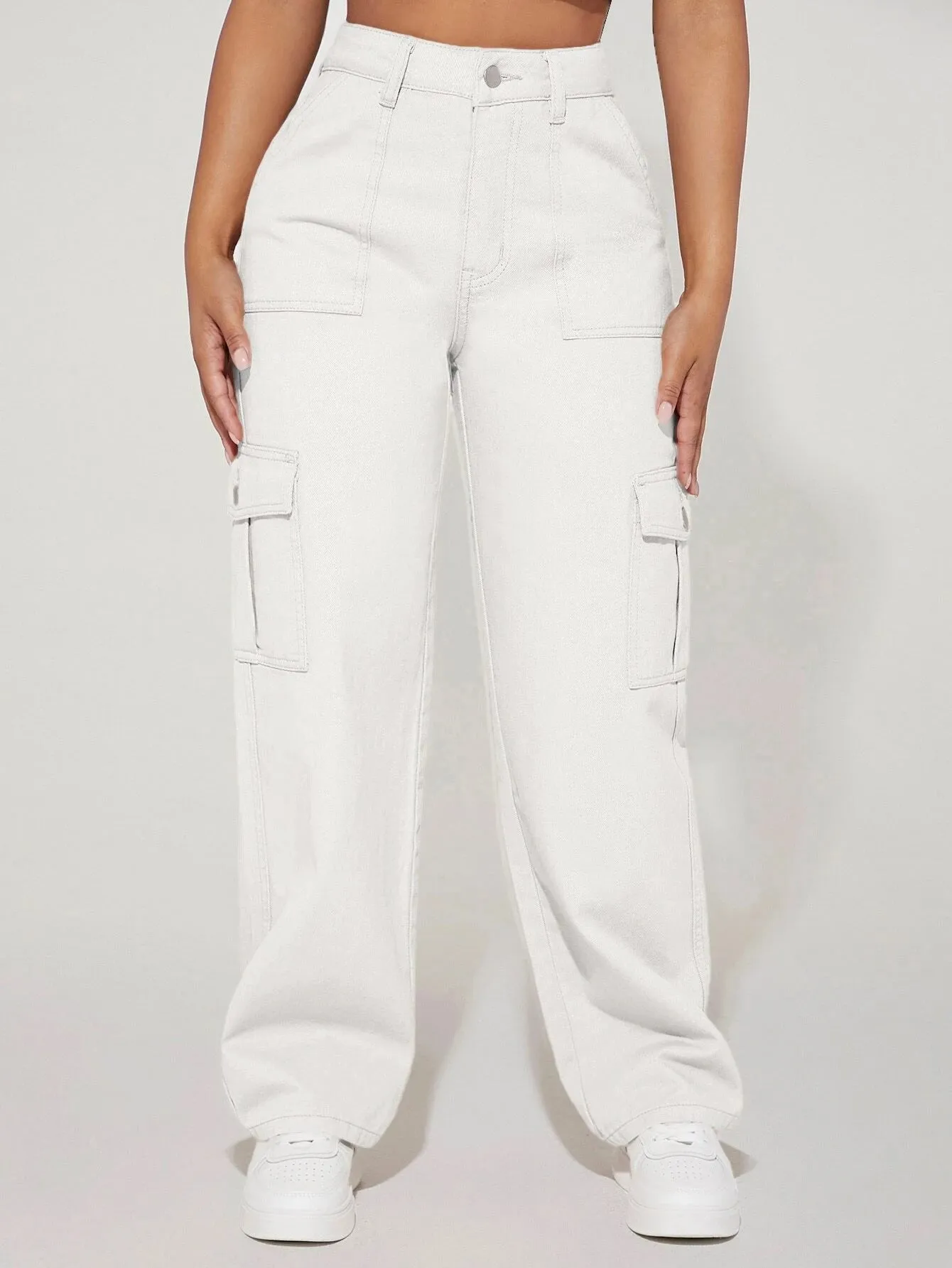 High Waist Flap Pocket Cotton Cargo Jeans