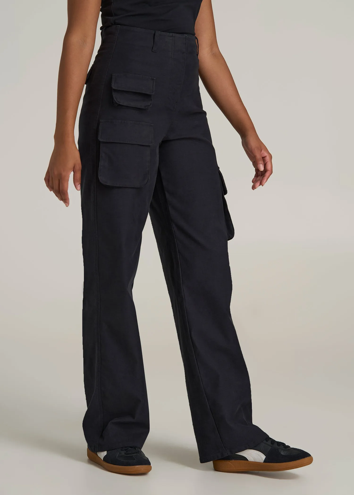 High-Waist Flat Front Cargo Pants for Tall Women in Black