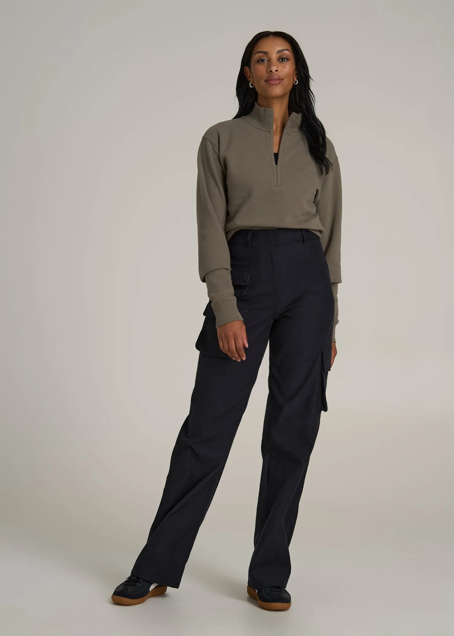 High-Waist Flat Front Cargo Pants for Tall Women in Black