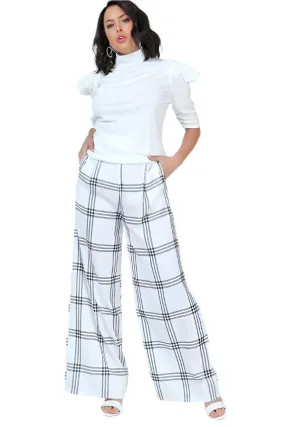 High Waist Plaid Print Wide Leg Pants