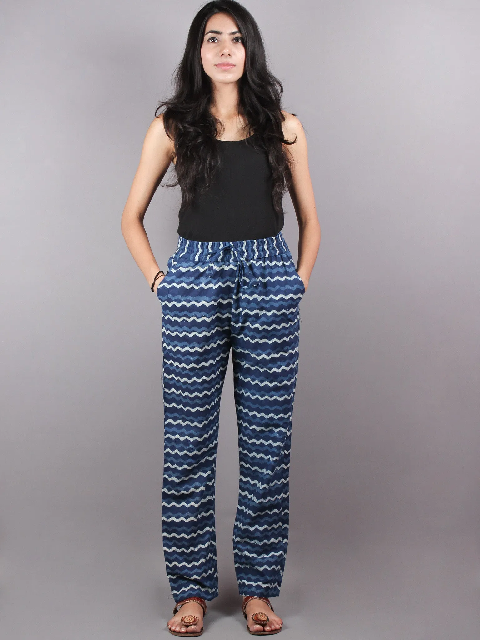 Indigo Hand Block Printed Elasticated Waist Trousers- T0317030