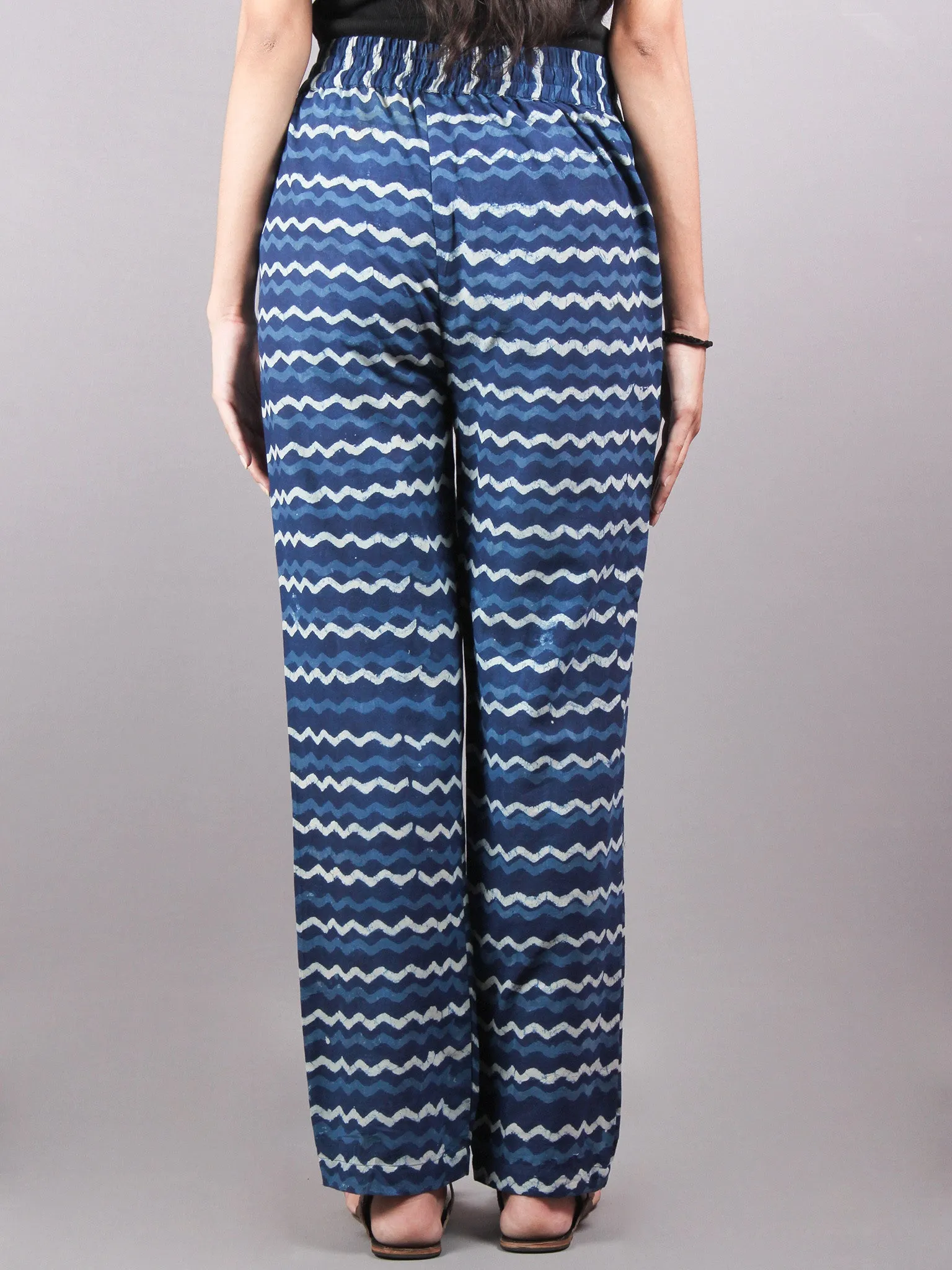 Indigo Hand Block Printed Elasticated Waist Trousers- T0317030