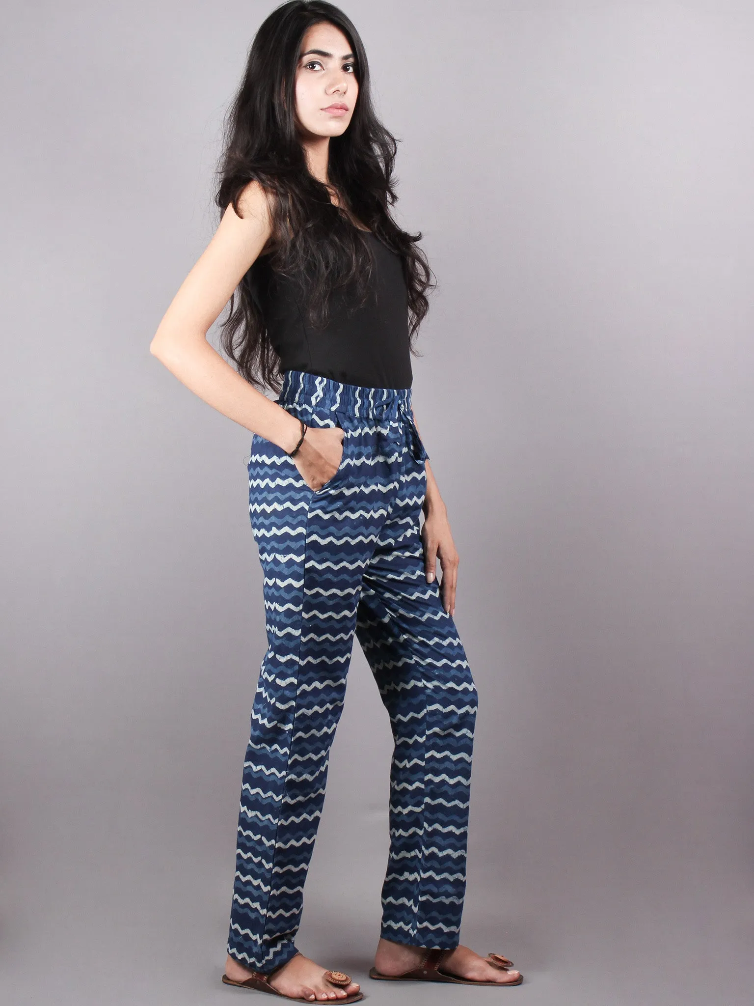 Indigo Hand Block Printed Elasticated Waist Trousers- T0317030